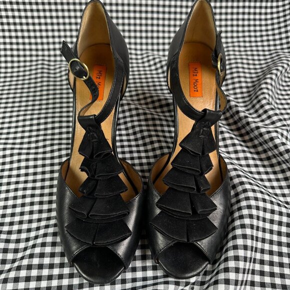 Miz Mooz Sailor Black T-Strap Ruffle Heel Retro Twee Cosplay Women's Size 9.5 - Picture 2 of 6